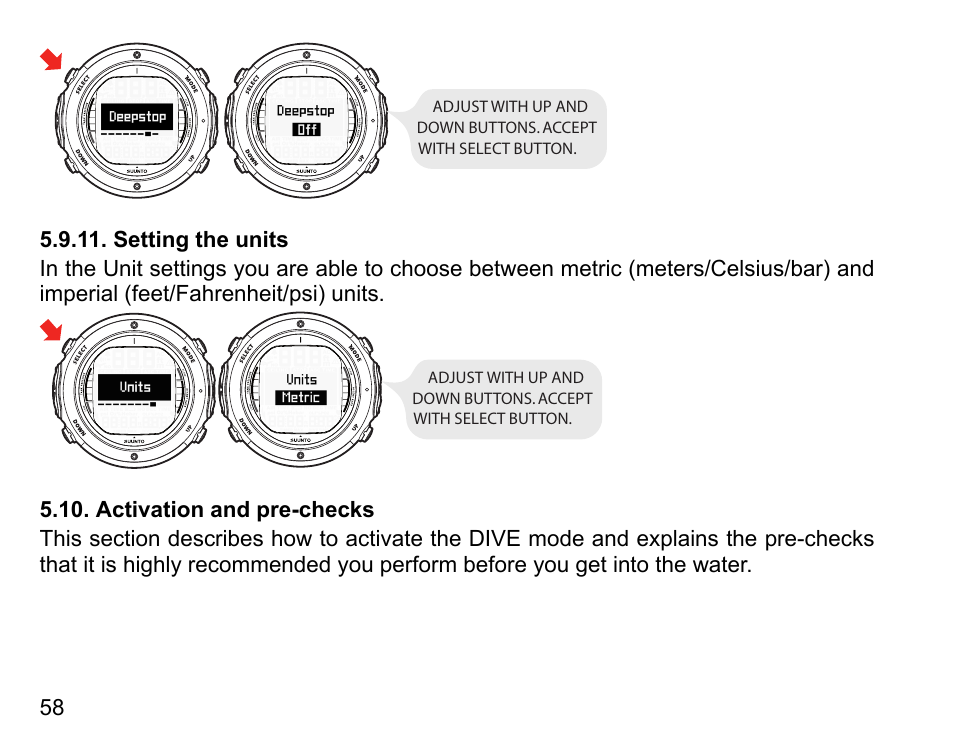 Setting the units, Activation and pre-checks | SUUNTO D6I User Manual | Page 57 / 130