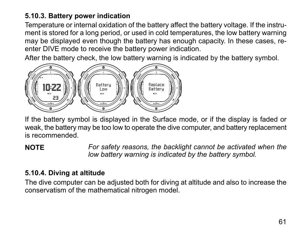 Battery power indication, Diving at altitude, 61 5.10.4. diving at altitude | SUUNTO D6I User Manual | Page 60 / 130