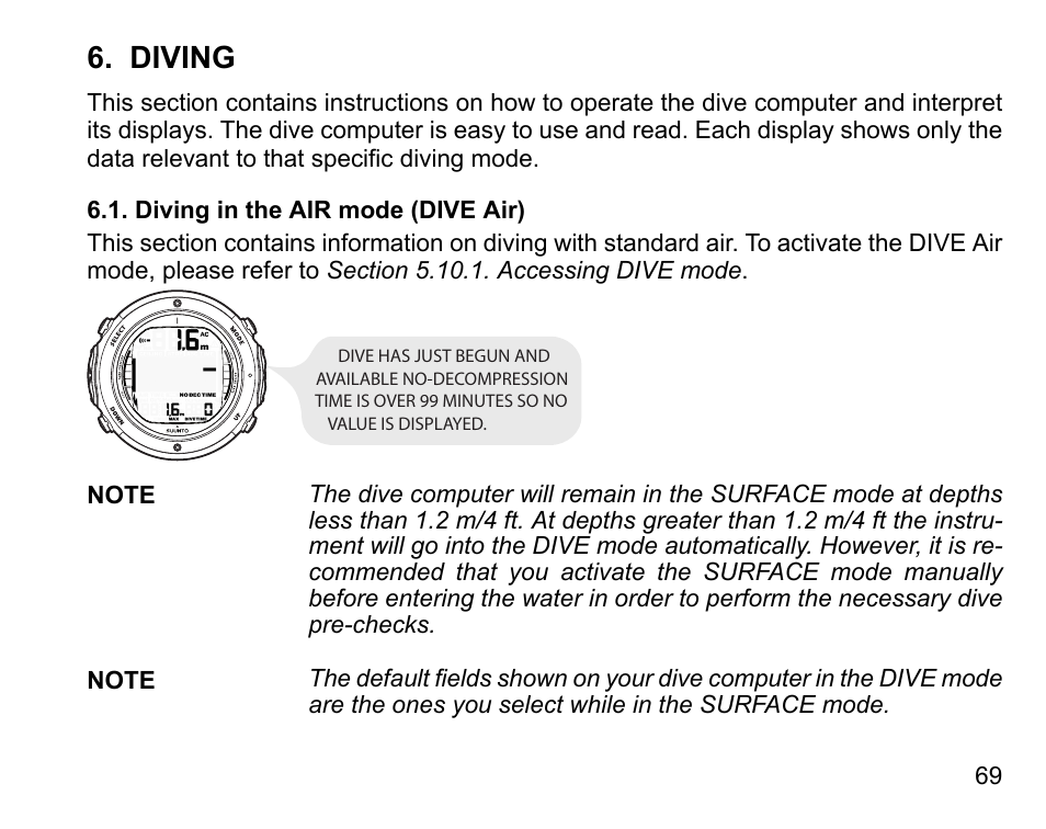 Diving, Diving in the air mode (dive air) | SUUNTO D6I User Manual | Page 68 / 130