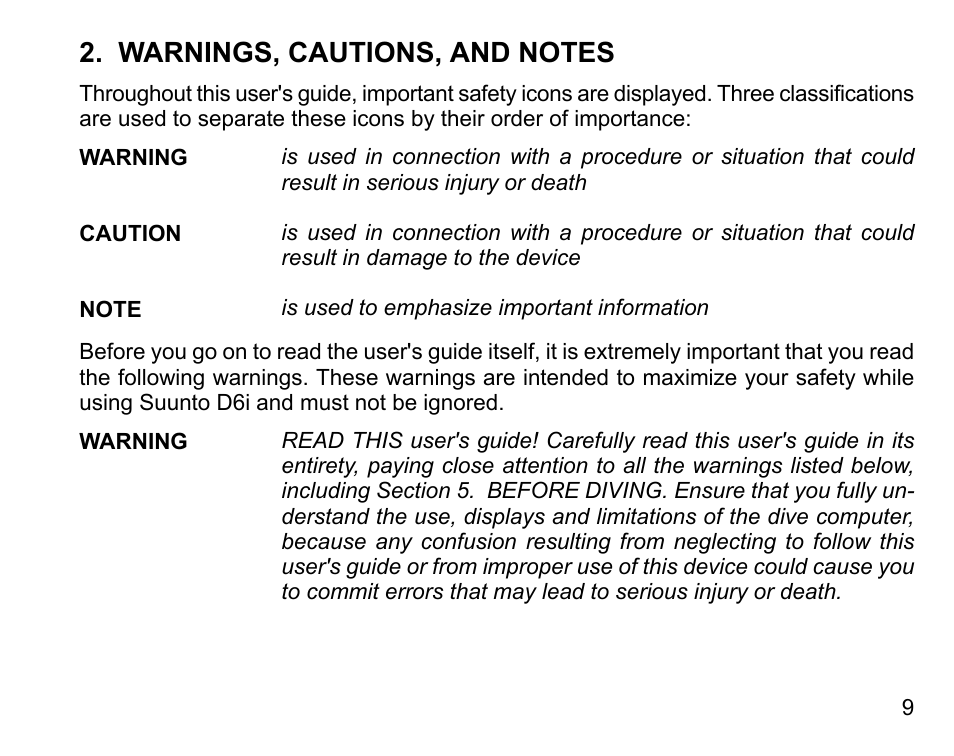 Warnings, cautions, and notes | SUUNTO D6I User Manual | Page 8 / 130