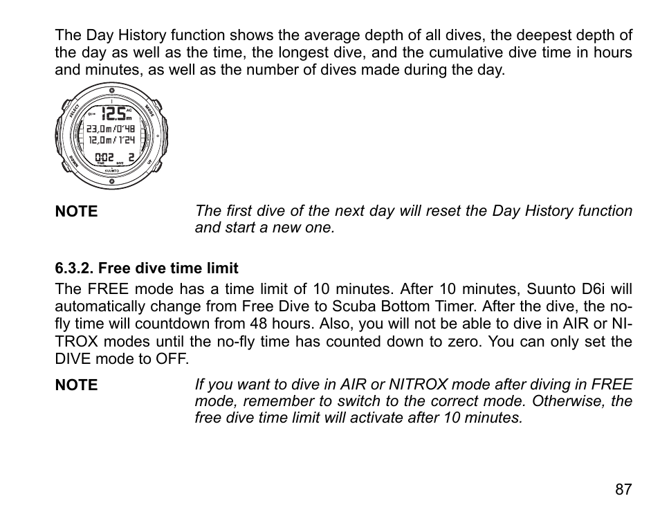 Free dive time limit | SUUNTO D6I User Manual | Page 86 / 130