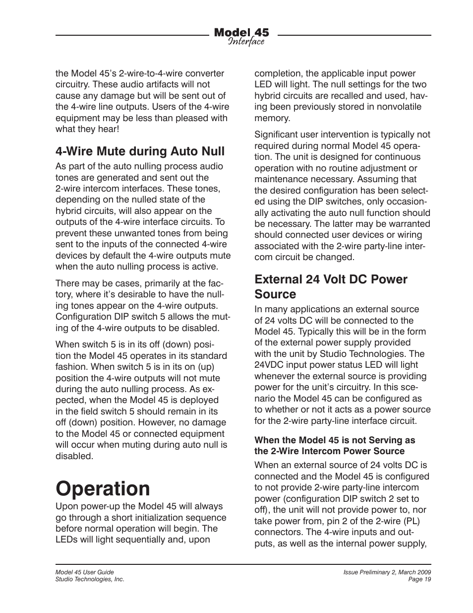 Operation, Wire mute during auto null, External 24 volt dc power source | StudioTech M45-00151 User Manual | Page 19 / 31