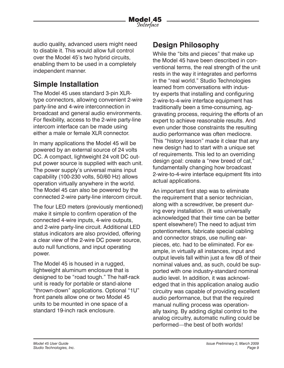 Simple installation, Design philosophy | StudioTech M45-00151 User Manual | Page 9 / 31