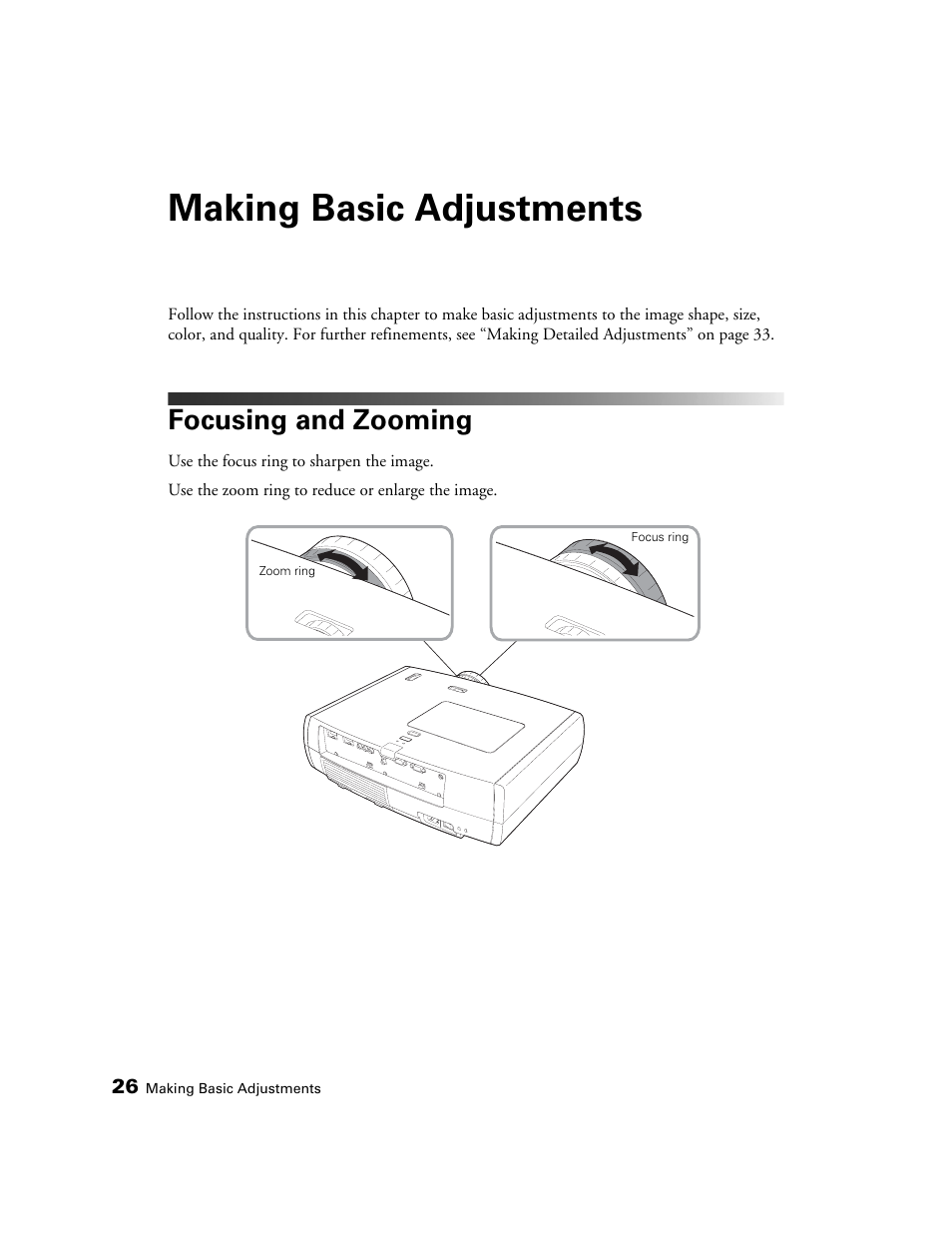 Making basic adjustments, Focusing and zooming | Seiko Group POWERLITE 8345 User Manual | Page 26 / 76