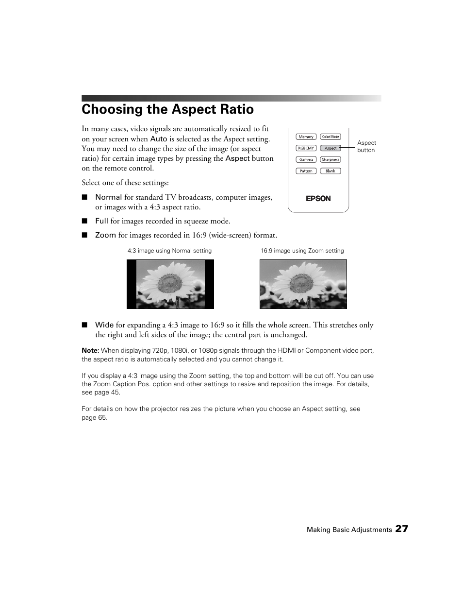 Choosing the aspect ratio | Seiko Group POWERLITE 8345 User Manual | Page 27 / 76