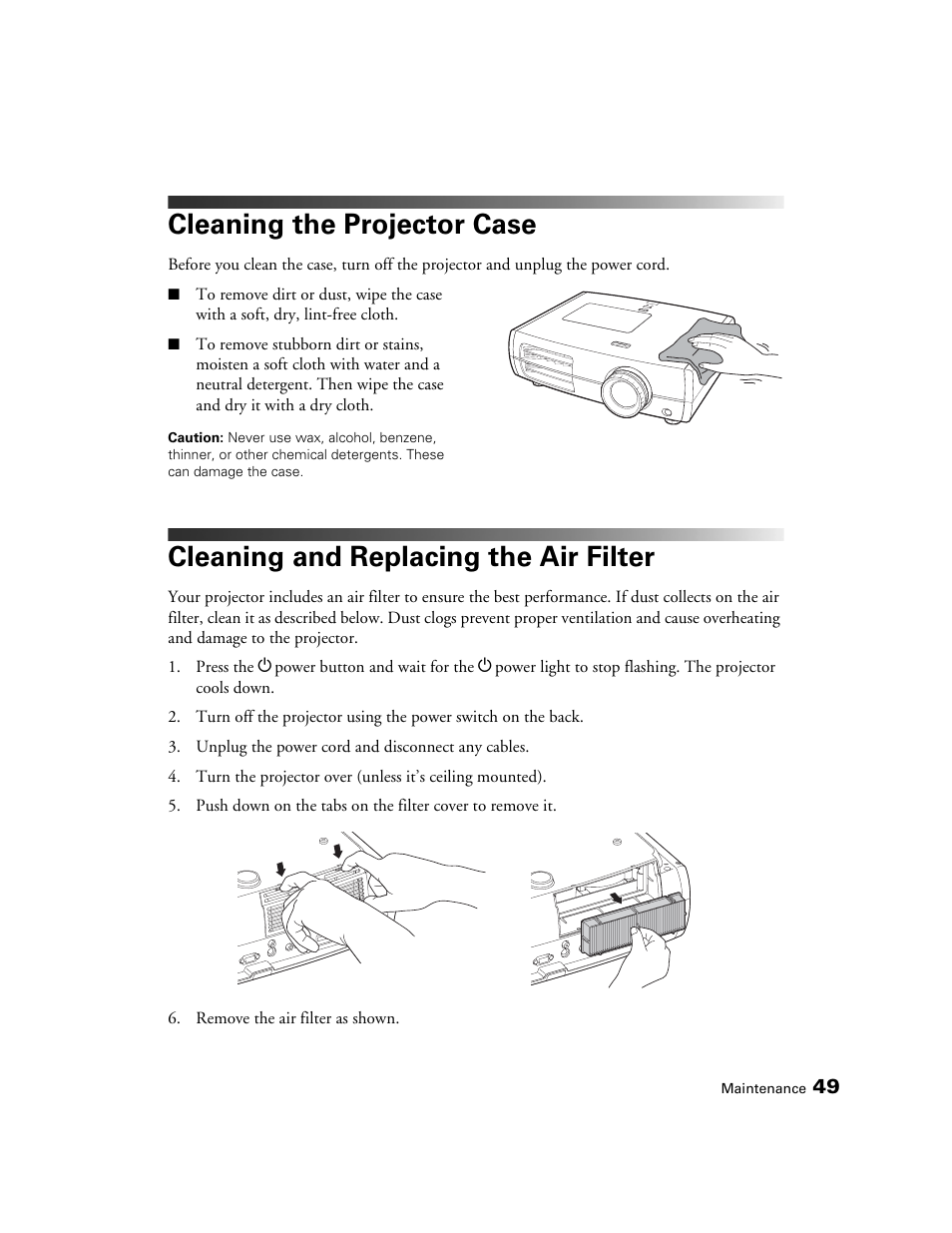 Cleaning the projector case, Cleaning and replacing the air filter | Seiko Group POWERLITE 8345 User Manual | Page 49 / 76