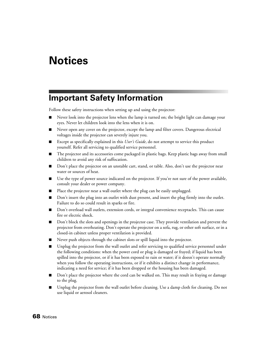 Notices, Important safety information | Seiko Group POWERLITE 8345 User Manual | Page 68 / 76