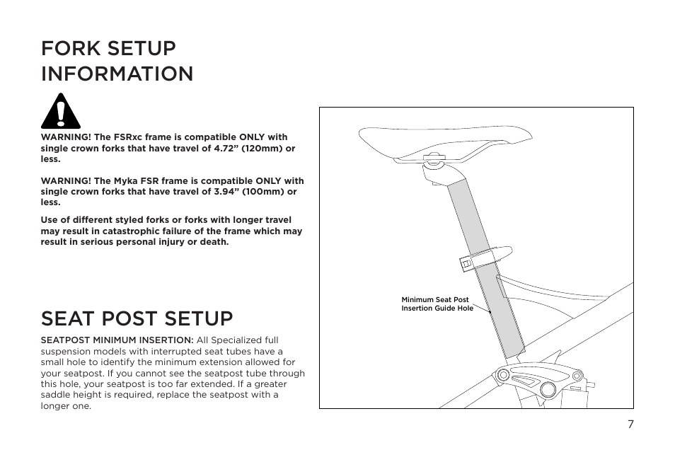 Seat post setup fork setup information | Specialized FSRXC User Manual | Page 7 / 20