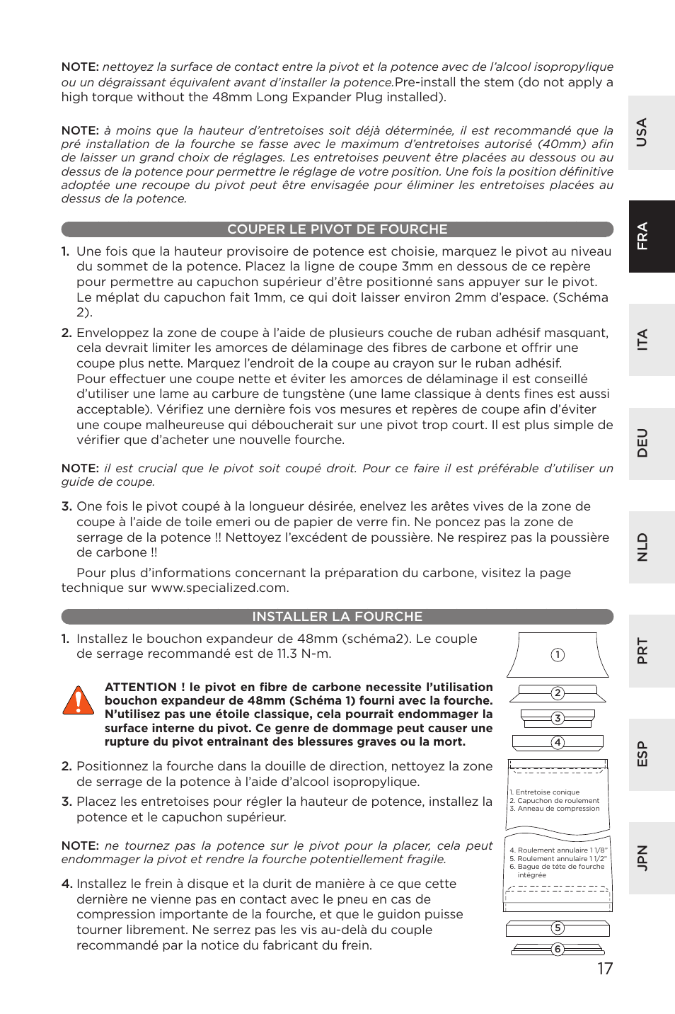 Couper le pivot de fourche installer la fourche | Specialized AFR E100 User Manual | Page 17 / 84