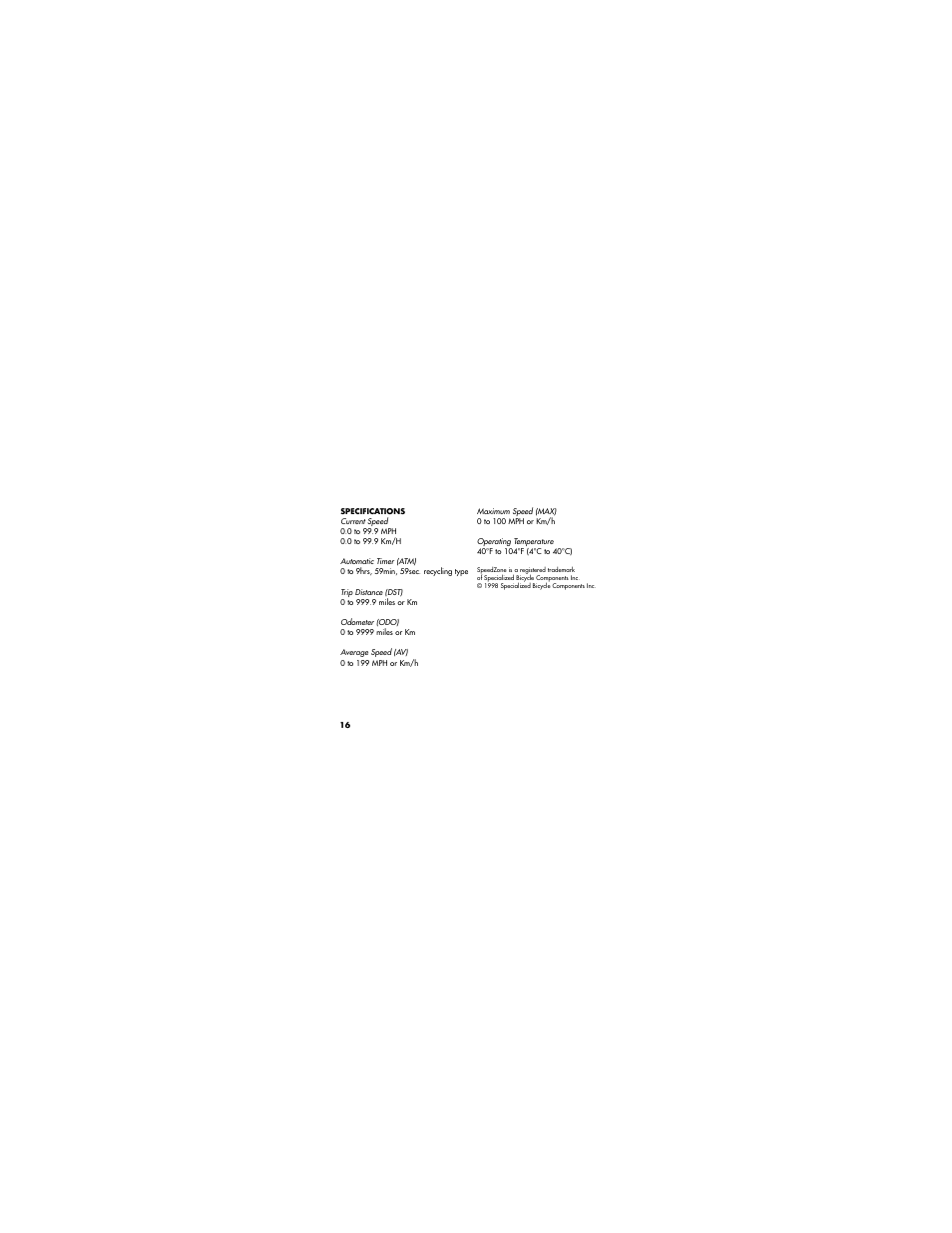 Specialized SpeedZone Sport Bicycle User Manual | Page 16 / 16