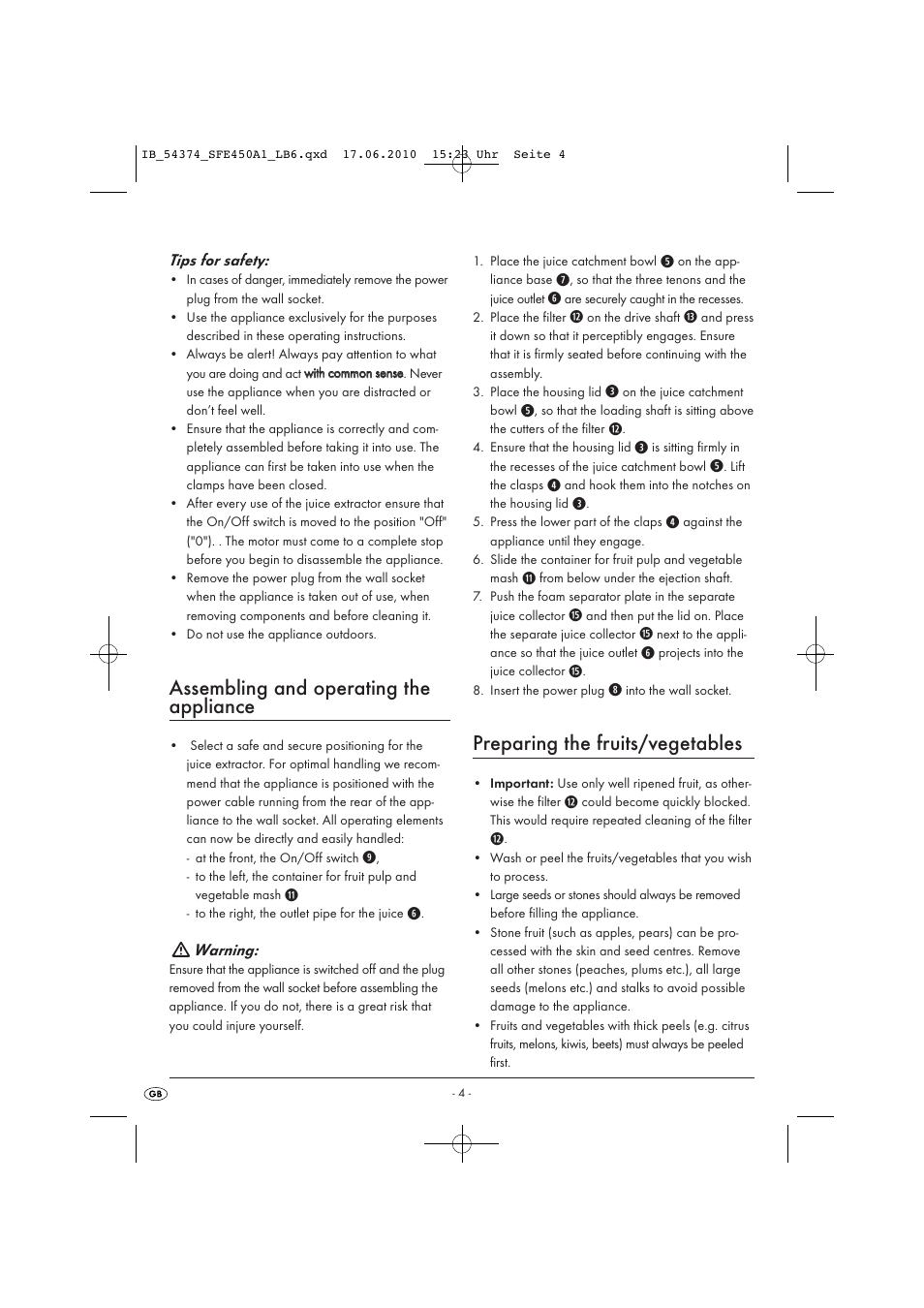 Assembling and operating the appliance, Preparing the fruits/vegetables | Silvercrest SFE450A1-05/10-V2 User Manual | Page 6 / 10