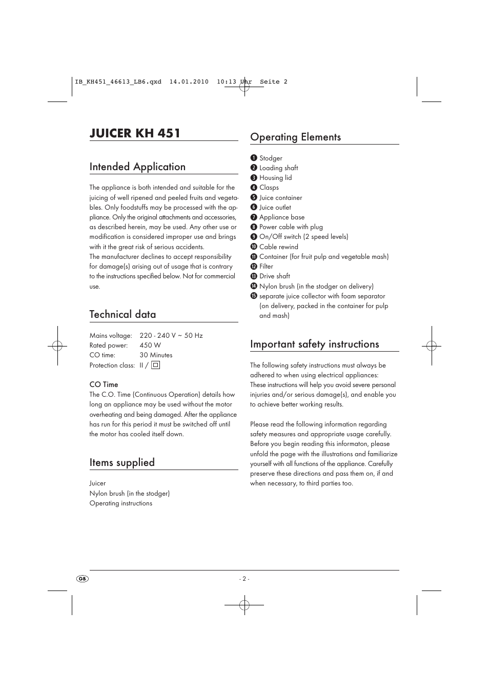 Juicer kh 451, Intended application, Technical data | Items supplied, Operating elements, Important safety instructions | Silvercrest KH 451 User Manual | Page 4 / 10
