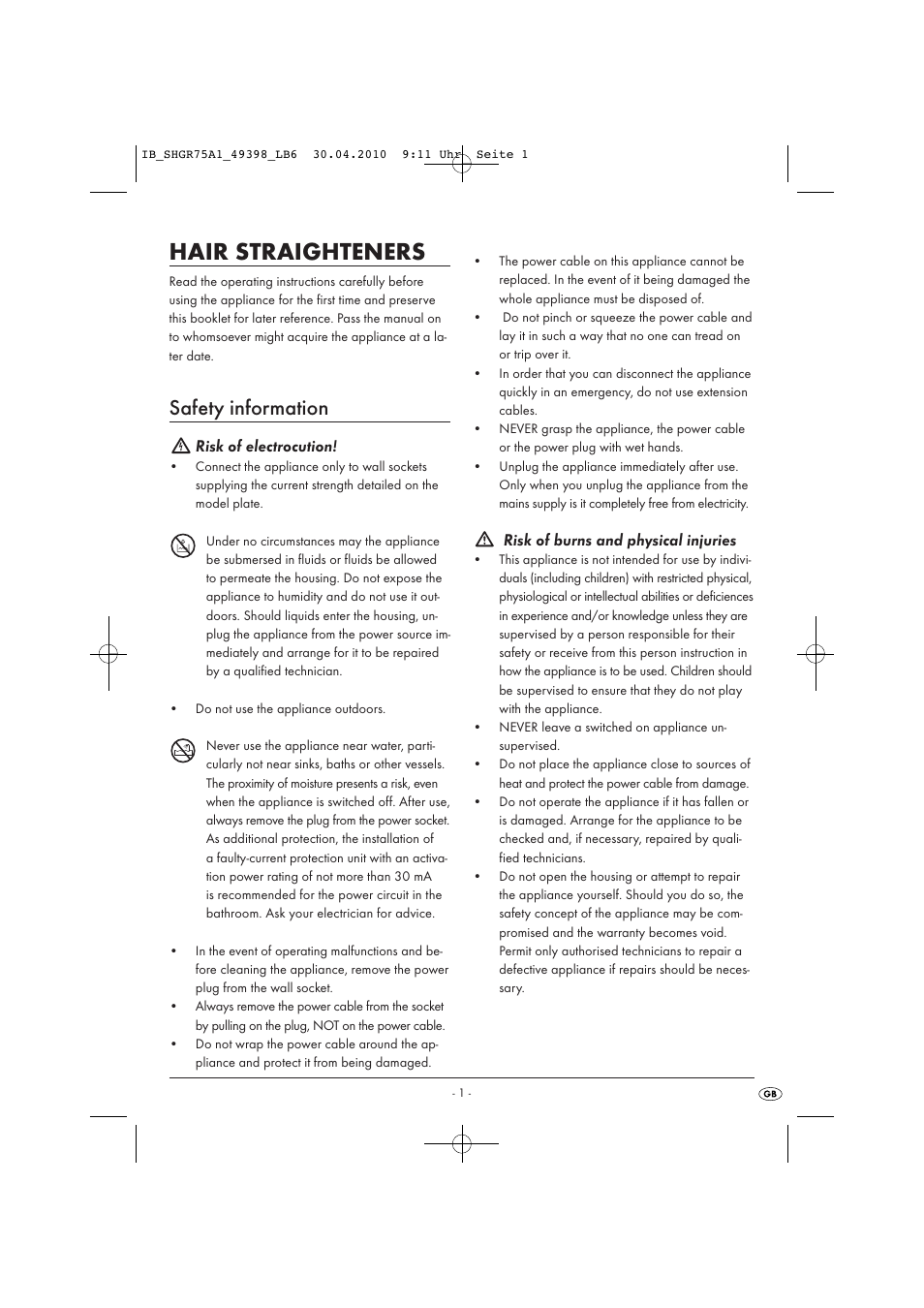 Hair straighteners, Safety information | Silvercrest SHGR 75 A1 User Manual | Page 3 / 6