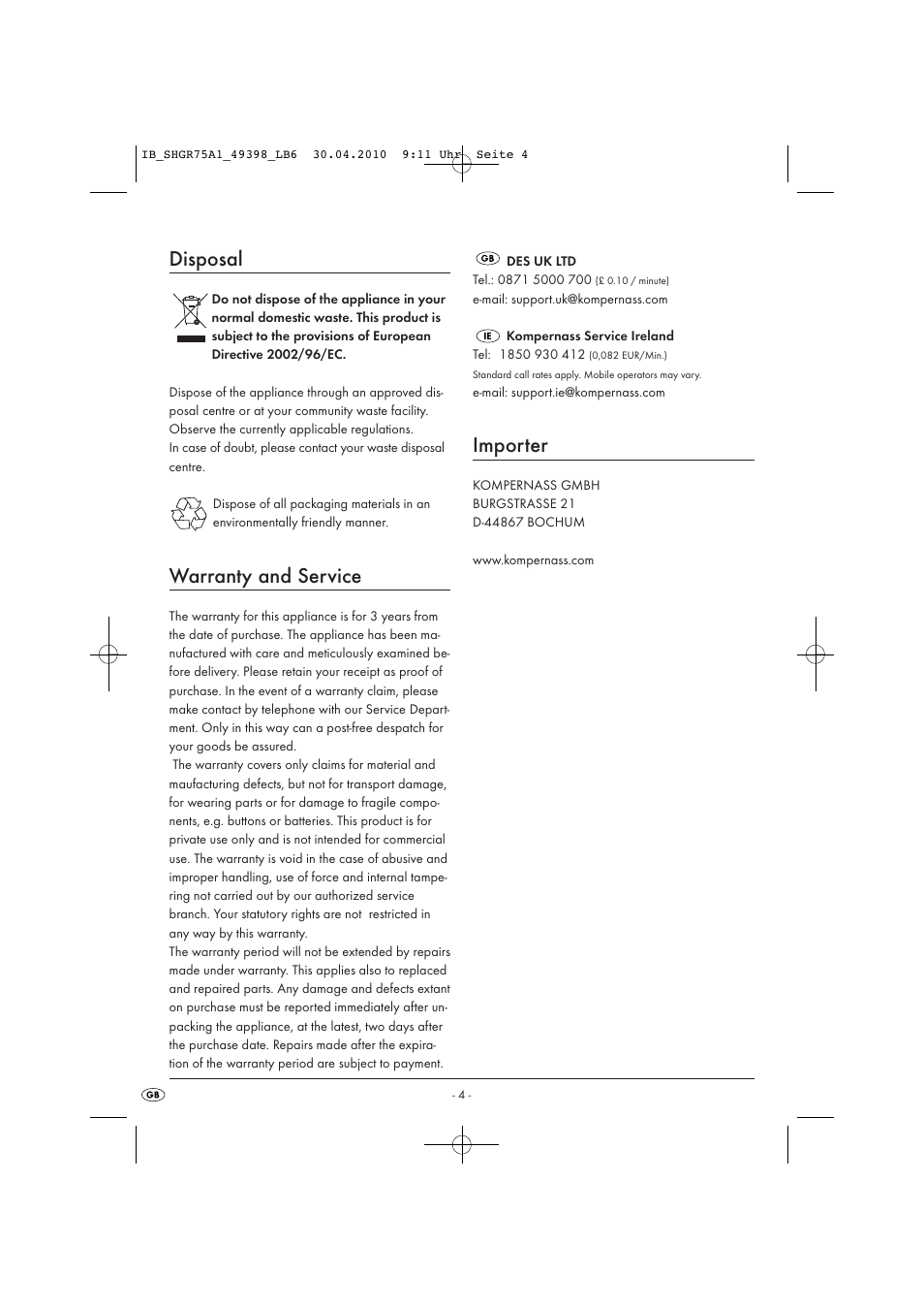 Disposal, Warranty and service, Importer | Silvercrest SHGR 75 A1 User Manual | Page 6 / 6