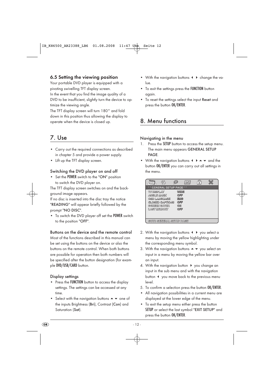 Menu functions, 5 setting the viewing position | Silvercrest KH6500-06/08-V1 User Manual | Page 14 / 36