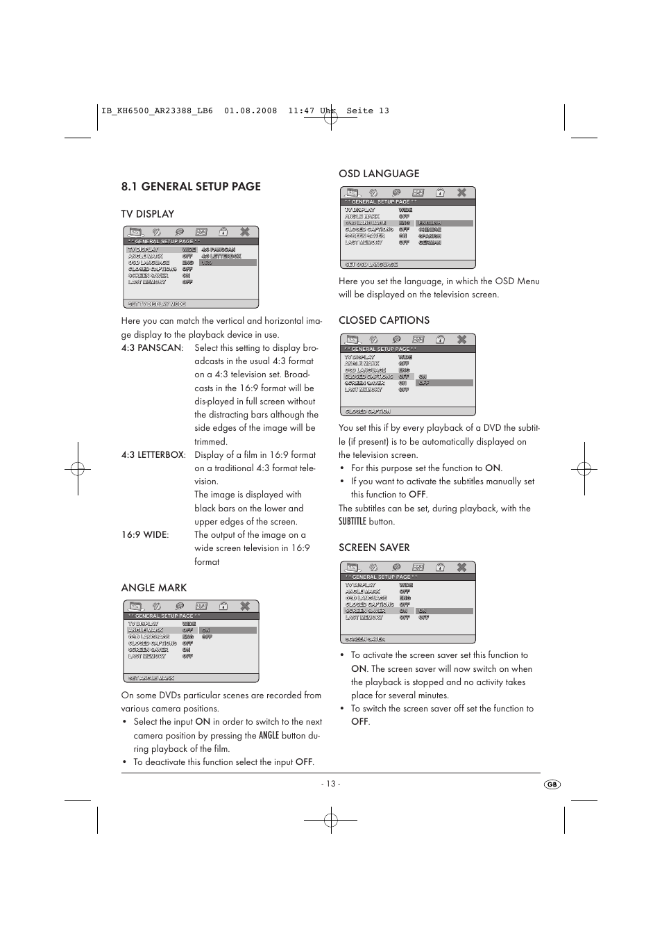 1 general setup page, Tv display, Angle mark | Angle, Osd language, Closed captions, Subtitle, Screen saver, Button | Silvercrest KH6500-06/08-V1 User Manual | Page 15 / 36