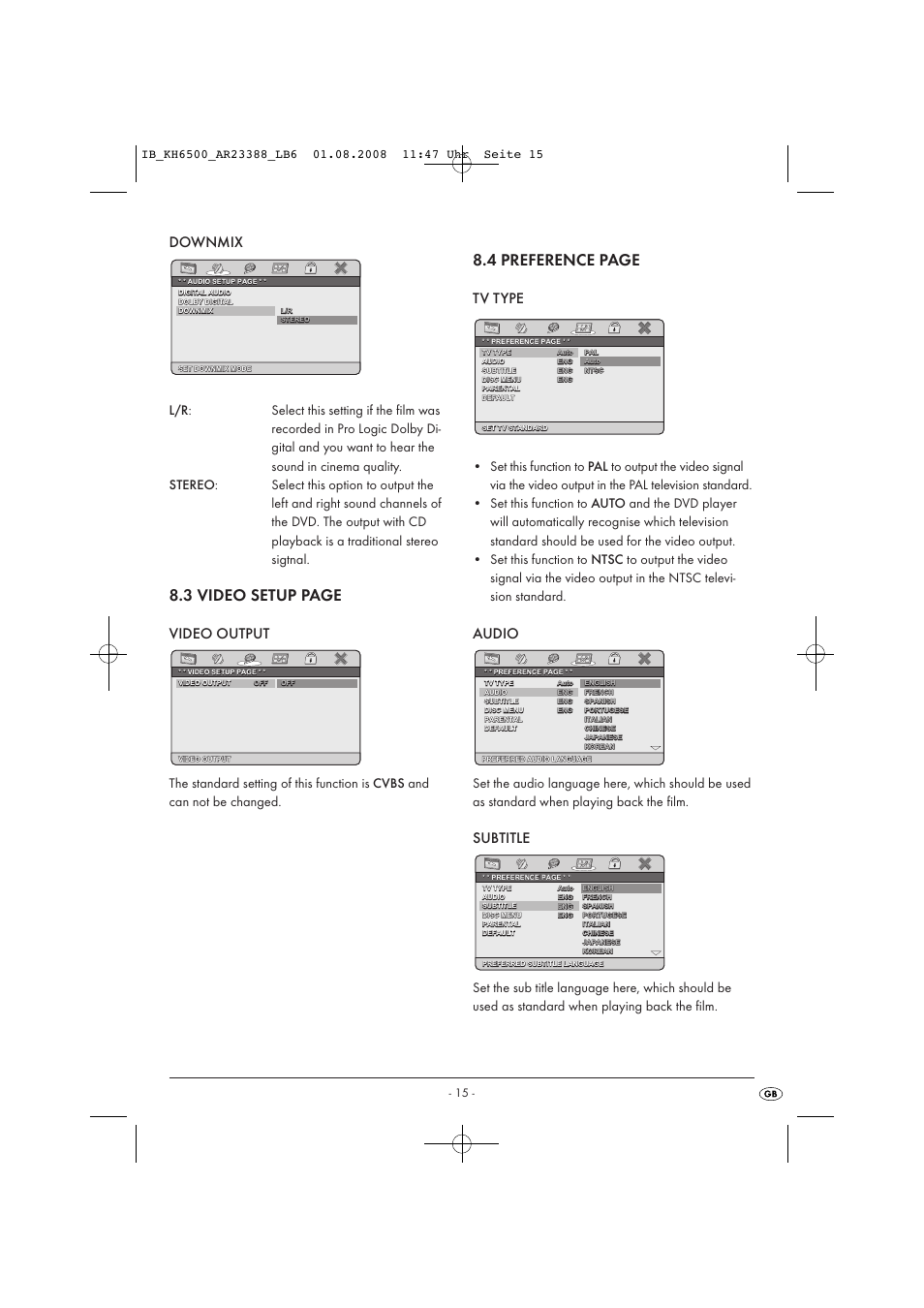 3 video setup page, 4 preference page, Downmix | Video output, Tv type, Audio, Subtitle | Silvercrest KH6500-06/08-V1 User Manual | Page 17 / 36
