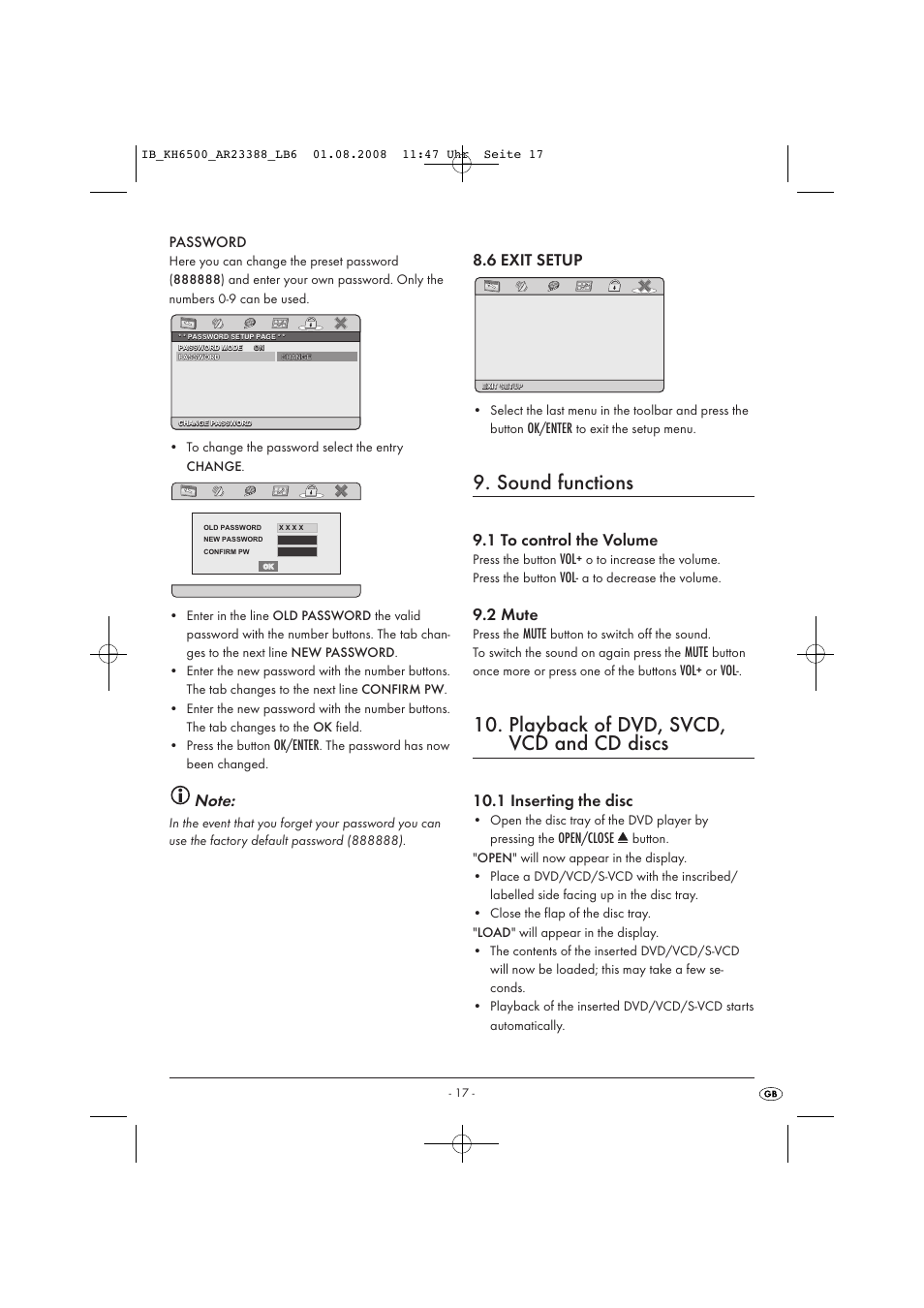 Sound functions, Playback of dvd, svcd, vcd and cd discs, 6 exit setup | 1 to control the volume, 2 mute, 1 inserting the disc, Password, Ok/enter, Mute, Open/close | Silvercrest KH6500-06/08-V1 User Manual | Page 19 / 36