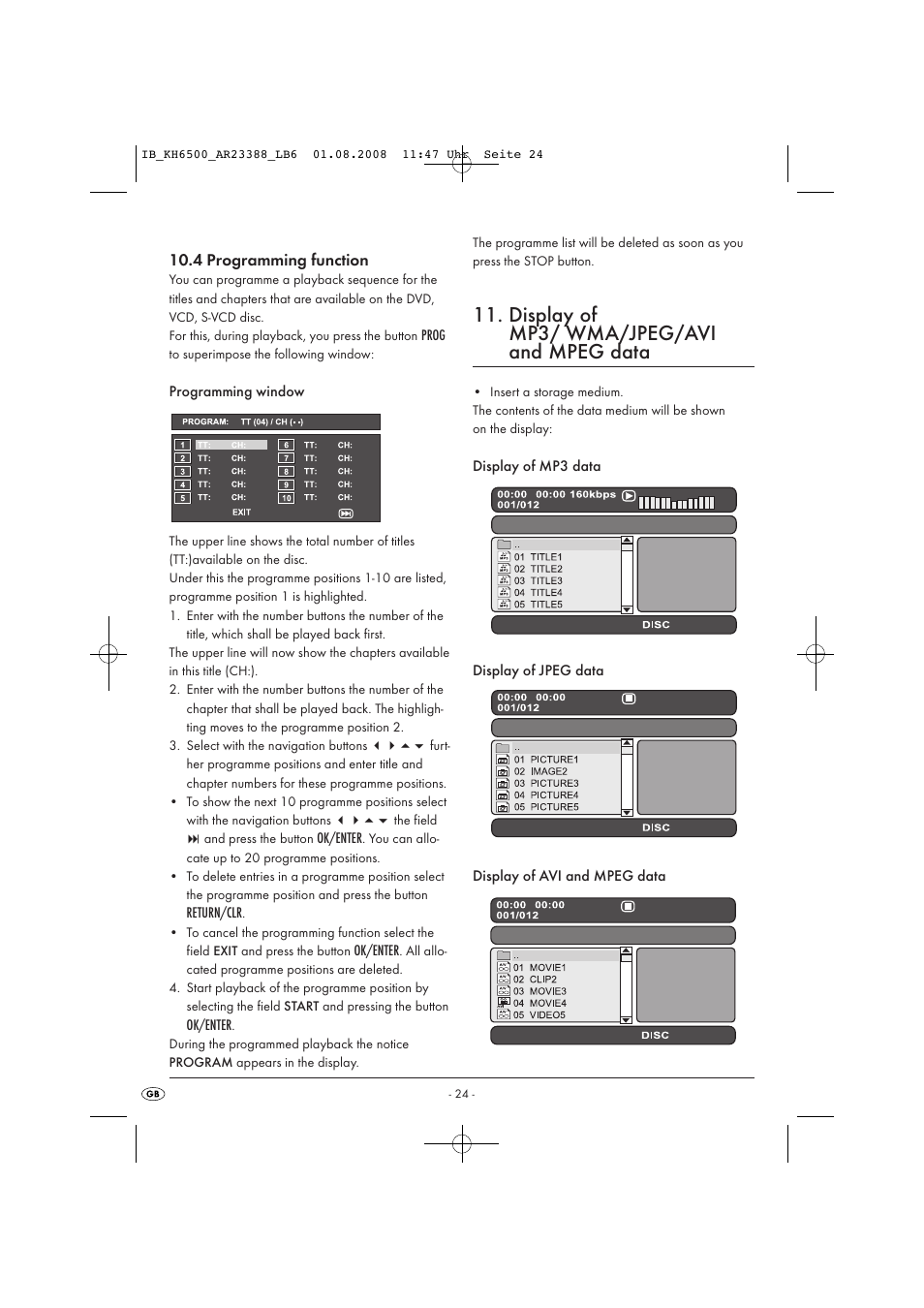Display of mp3/ wma/jpeg/avi and mpeg data | Silvercrest KH6500-06/08-V1 User Manual | Page 26 / 36
