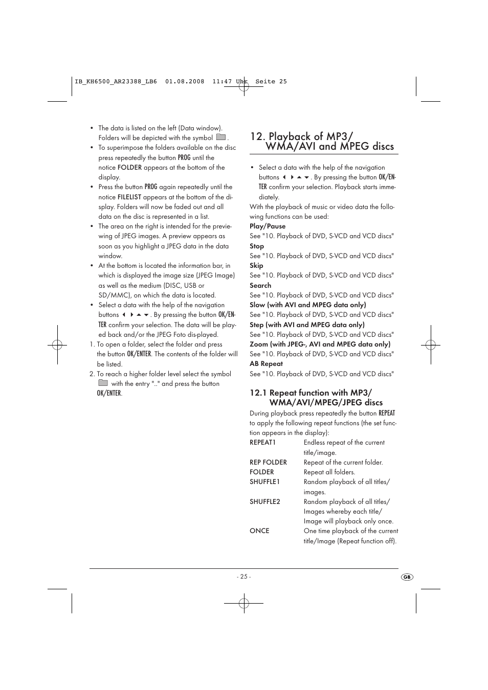 Playback of mp3/ wma/avi and mpeg discs | Silvercrest KH6500-06/08-V1 User Manual | Page 27 / 36