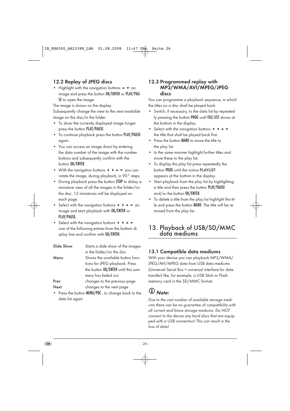 Playback of usb/sd/mmc data mediums | Silvercrest KH6500-06/08-V1 User Manual | Page 28 / 36