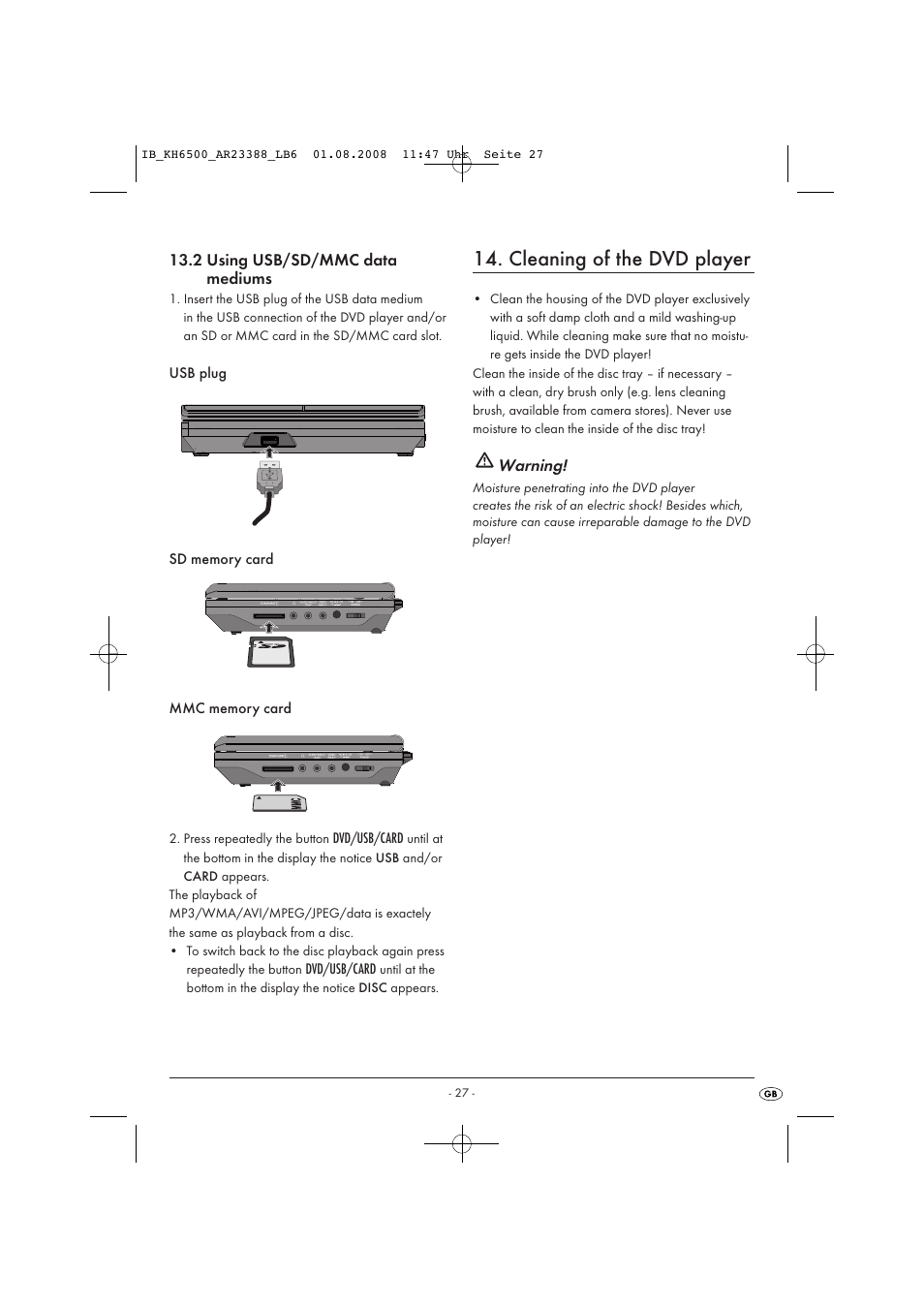 Cleaning of the dvd player | Silvercrest KH6500-06/08-V1 User Manual | Page 29 / 36