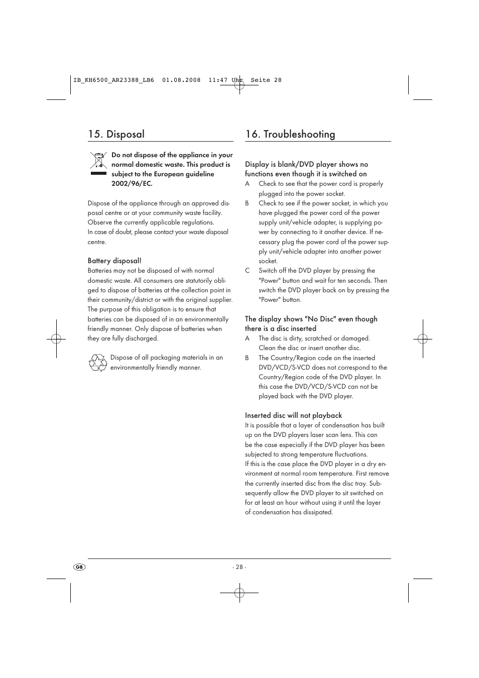 Disposal, Troubleshooting | Silvercrest KH6500-06/08-V1 User Manual | Page 30 / 36