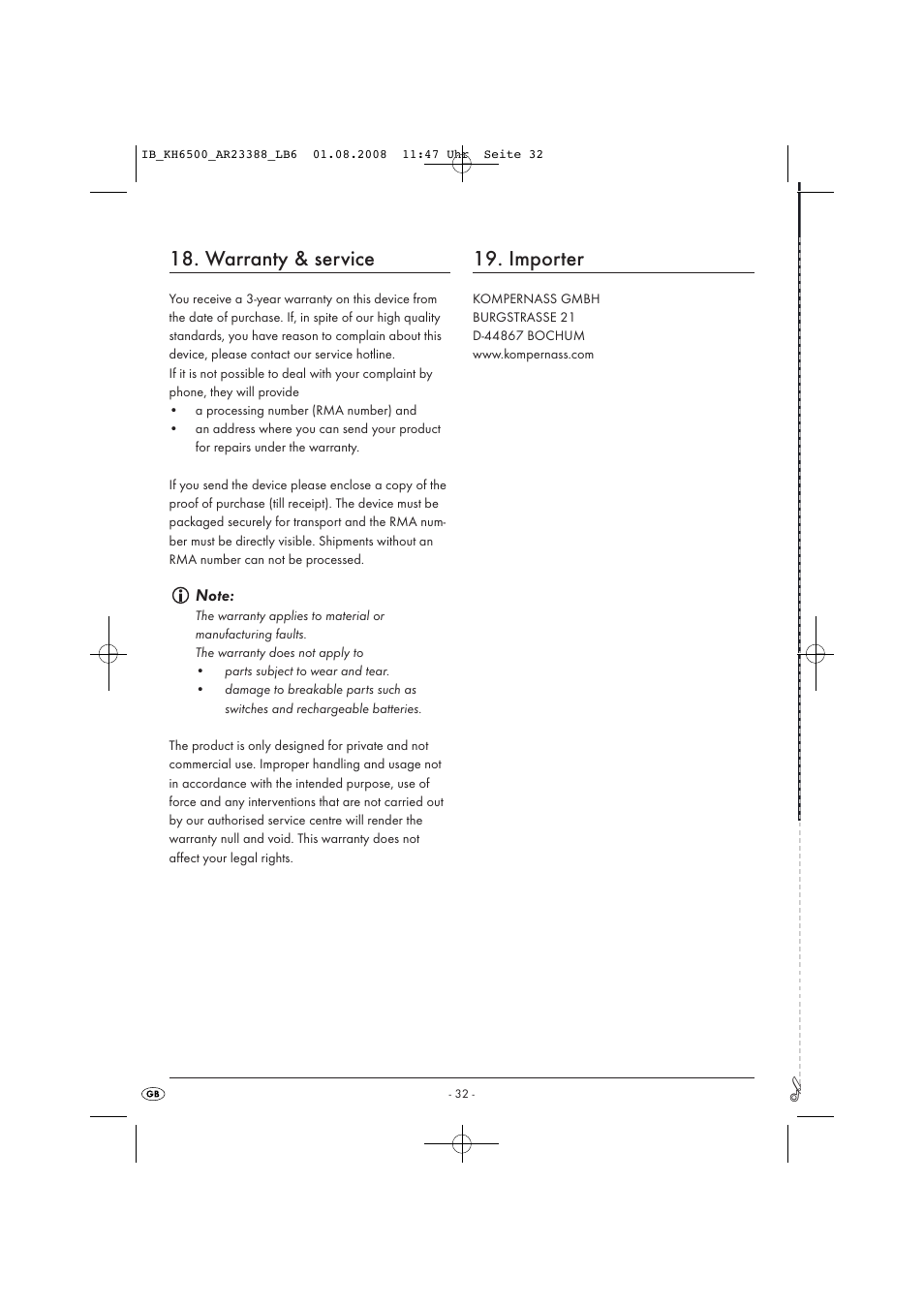 Warranty & service, Importer | Silvercrest KH6500-06/08-V1 User Manual | Page 34 / 36