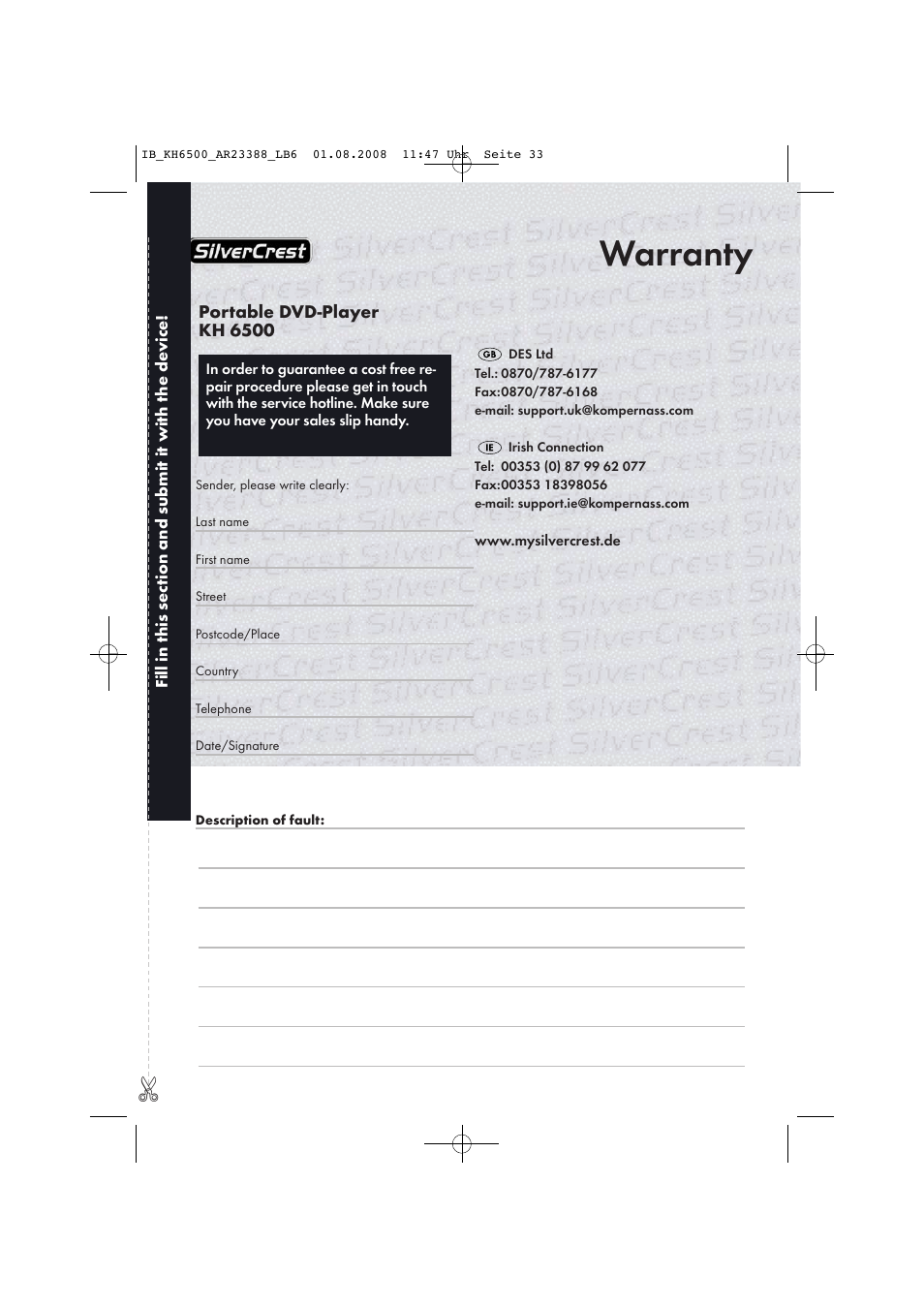 Warranty | Silvercrest KH6500-06/08-V1 User Manual | Page 35 / 36