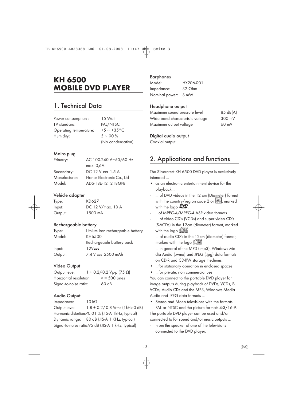 Kh 6500 mobile dvd player, Technical data, Applications and functions | Silvercrest KH6500-06/08-V1 User Manual | Page 5 / 36