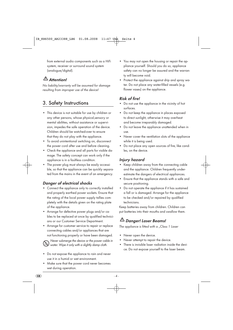 Safety instructions, Attention, Danger of electrical shocks | Risk of fire, Injury hazard, Danger! laser beams | Silvercrest KH6500-06/08-V1 User Manual | Page 6 / 36