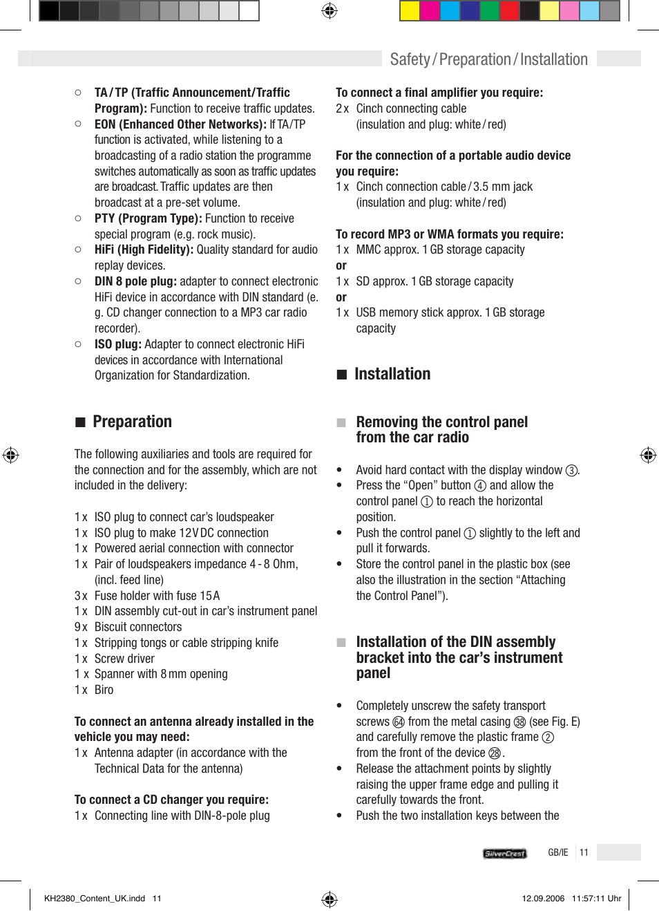 Preparation, Installation, Safety / preparation / installation | Silvercrest KH 2380 User Manual | Page 11 / 30