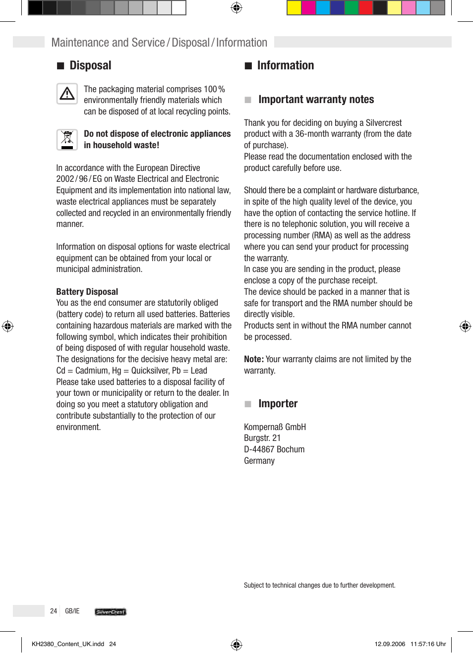 Disposal, Information, Maintenance and service / disposal / information | Importer | Silvercrest KH 2380 User Manual | Page 24 / 30