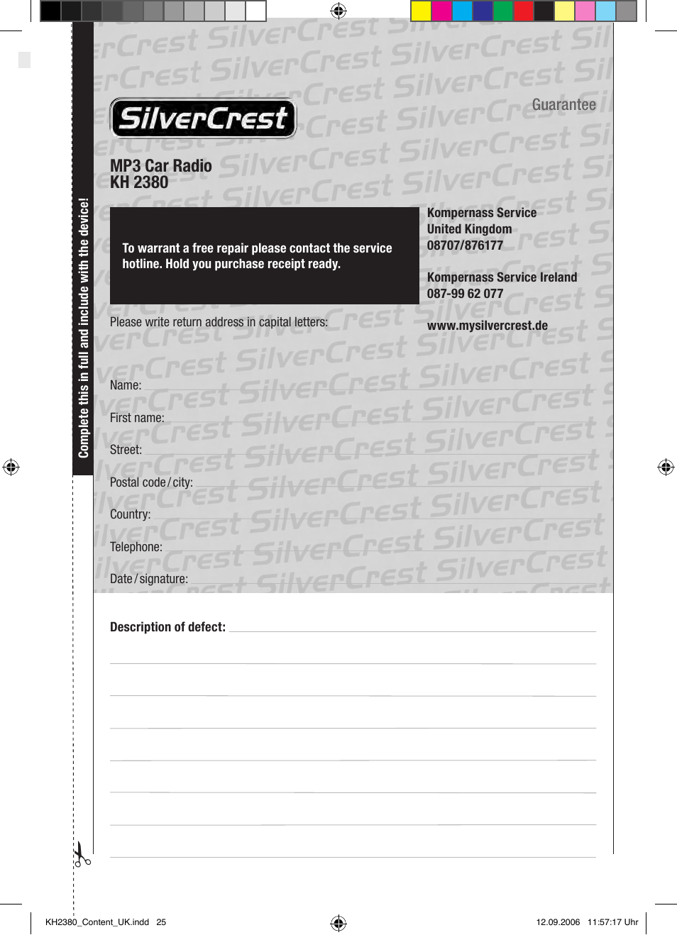 Garantiekarte | Silvercrest KH 2380 User Manual | Page 25 / 30