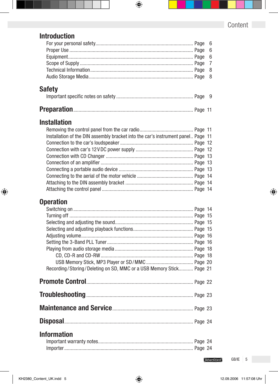 Introduction, Safety, Preparation | Installation, Operation, Promote control, Troubleshooting, Maintenance and service, Disposal, Information | Silvercrest KH 2380 User Manual | Page 5 / 30