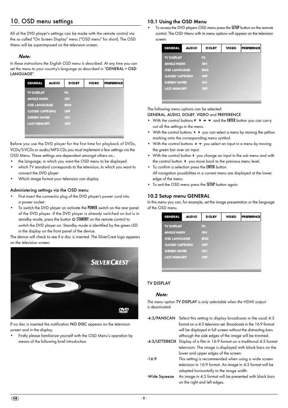 Osd menu settings | Silvercrest KH 6522 User Manual | Page 10 / 54