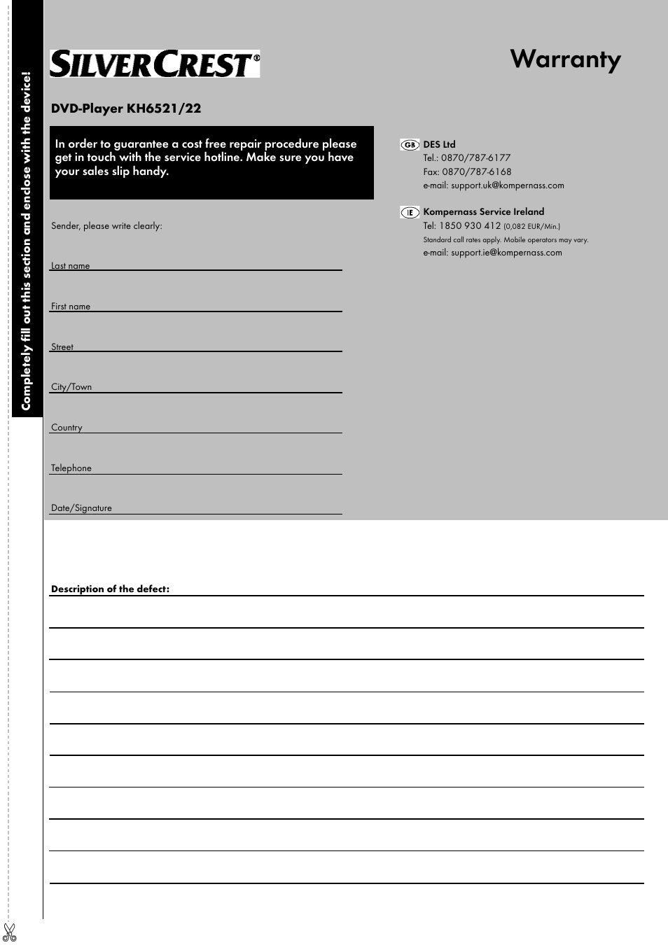 Warranty | Silvercrest KH 6522 User Manual | Page 27 / 54