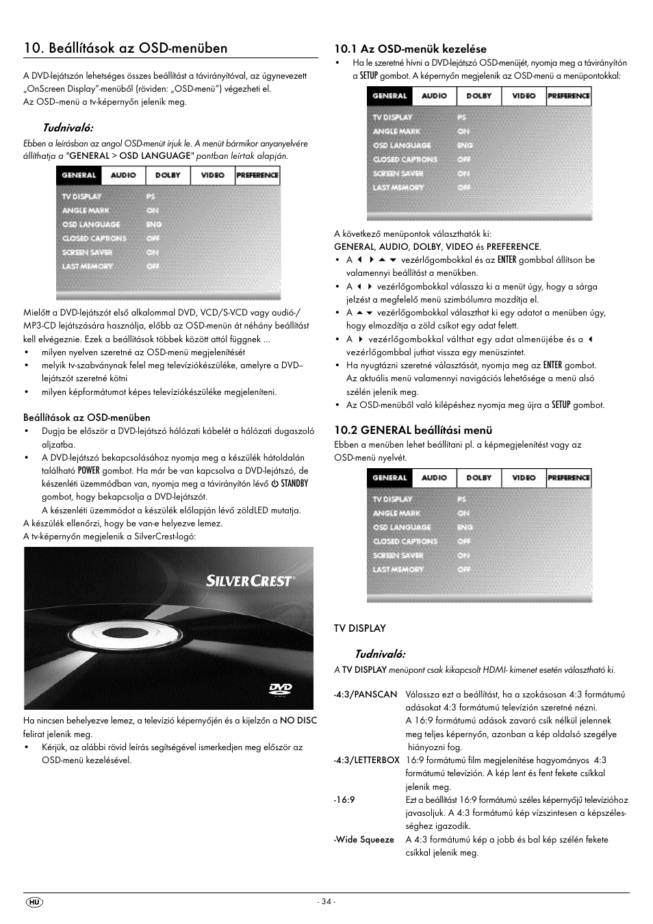 Beállítások az osd-menüben | Silvercrest KH 6522 User Manual | Page 36 / 54