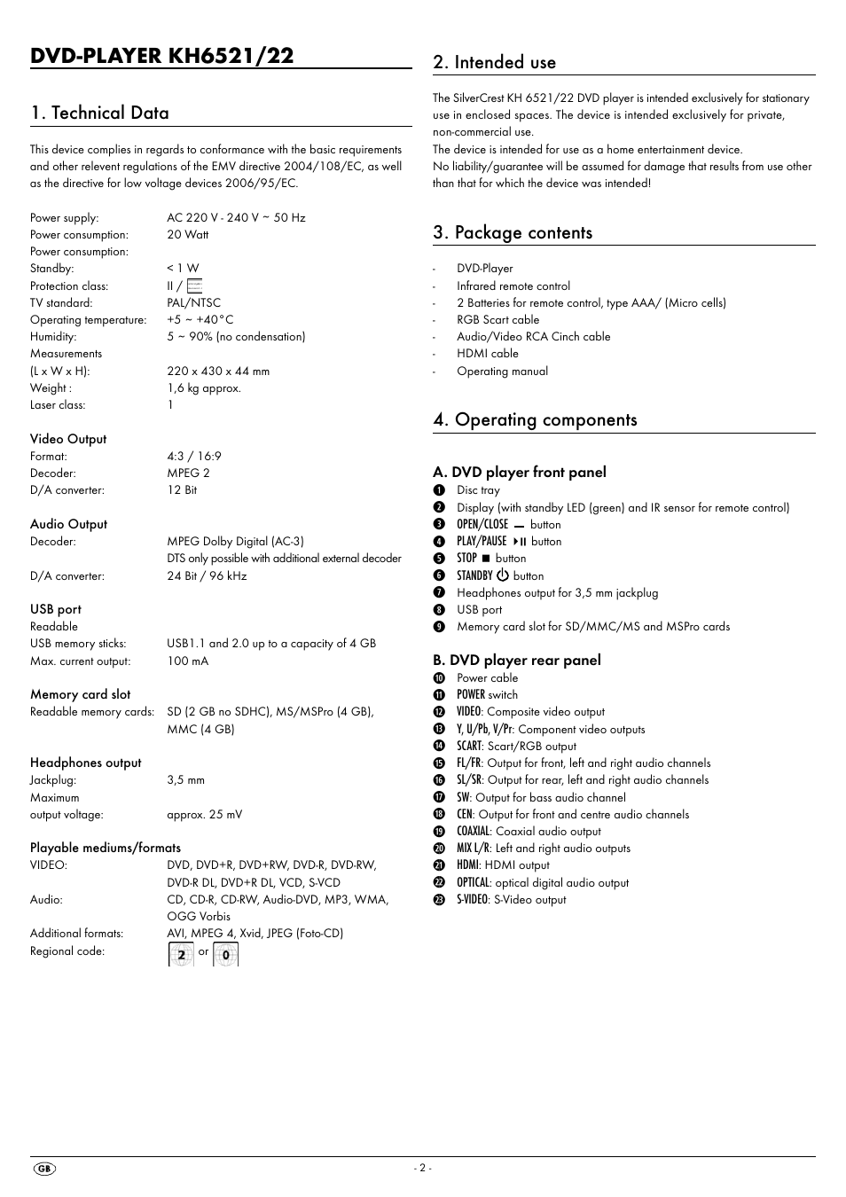 Technical data, Intended use, Package contents | Operating components | Silvercrest KH 6522 User Manual | Page 4 / 54