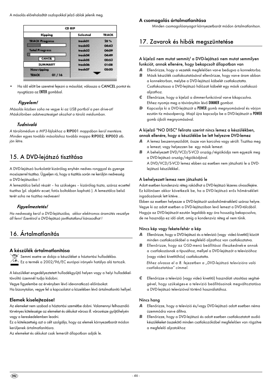 A dvd-lejátszó tisztítása, Ártalmatlanítás, Zavarok és hibák megszüntetése | Silvercrest KH 6522 User Manual | Page 48 / 54