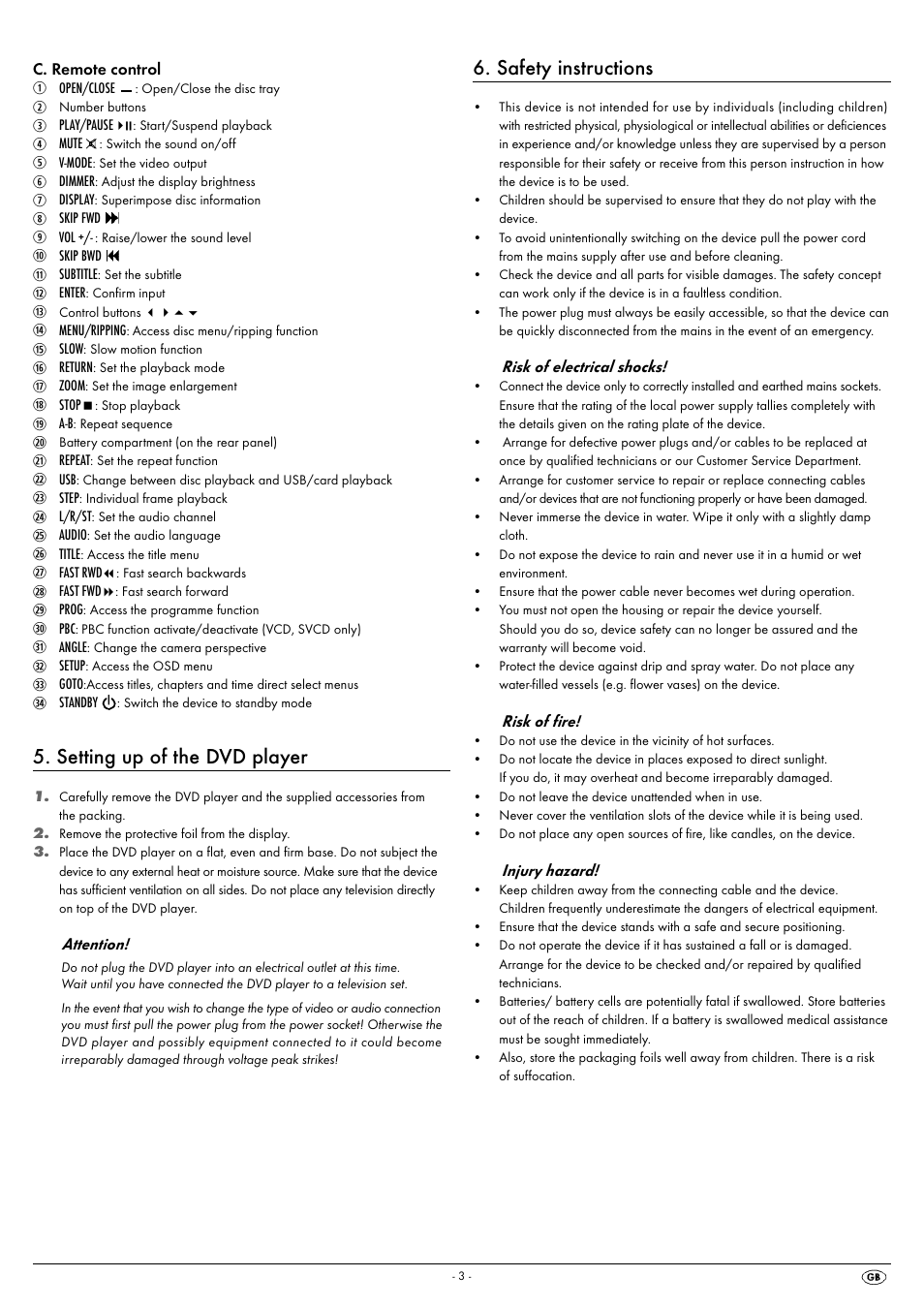 Setting up of the dvd player, Safety instructions | Silvercrest KH 6522 User Manual | Page 5 / 54