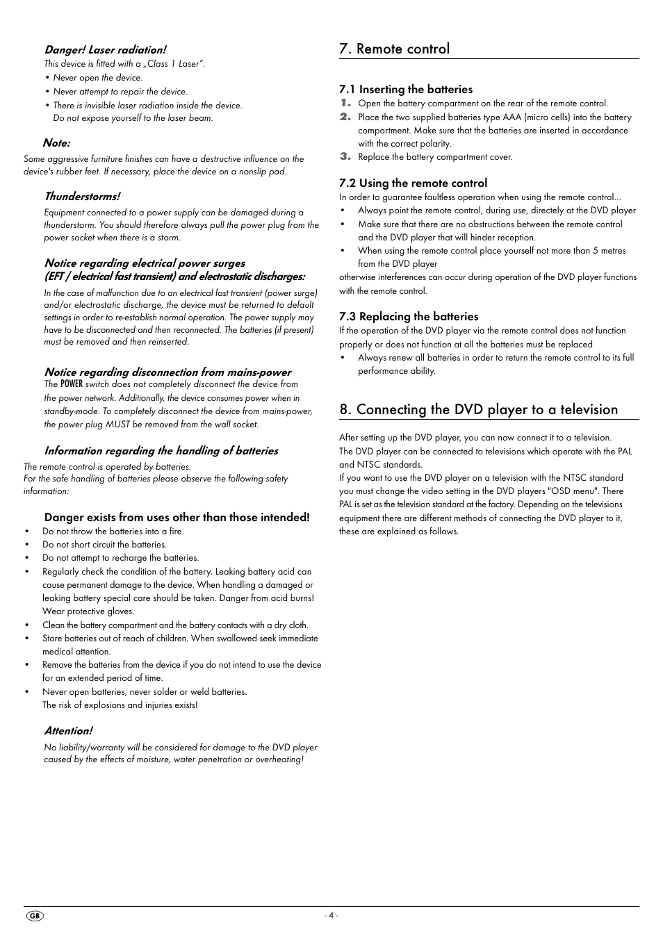 Remote control, Connecting the dvd player to a television | Silvercrest KH 6522 User Manual | Page 6 / 54