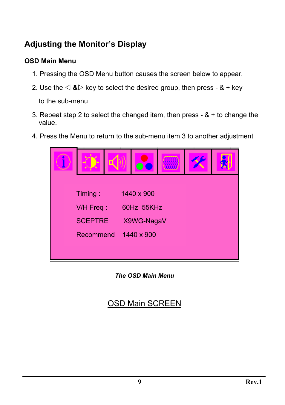 Adjusting the monitor’s display, Osd main screen | Sceptre Technologies LCD Monitor X9WS-NagaV User Manual | Page 13 / 22