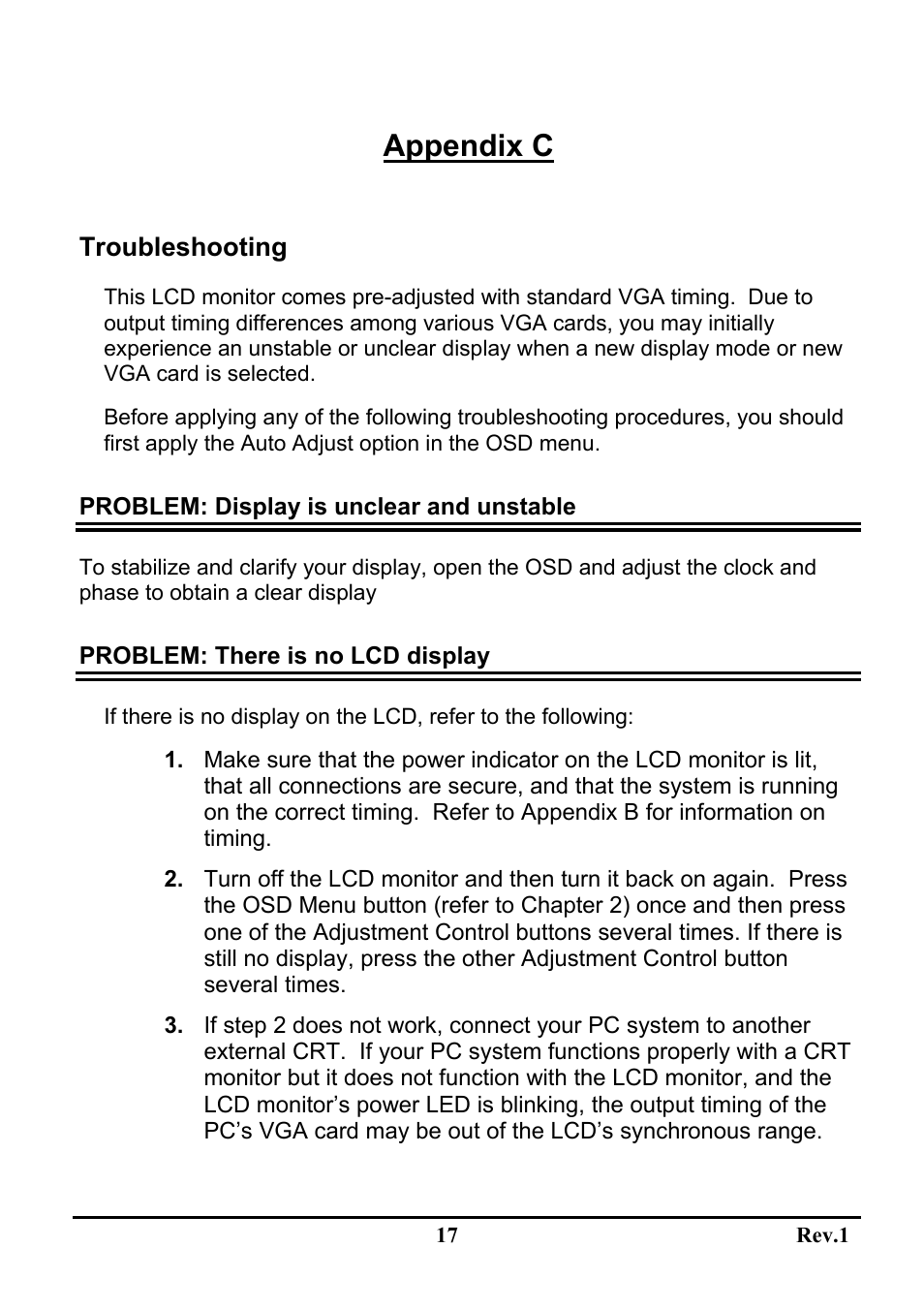 Appendix c, Troubleshooting | Sceptre Technologies LCD Monitor X9WS-NagaV User Manual | Page 21 / 22