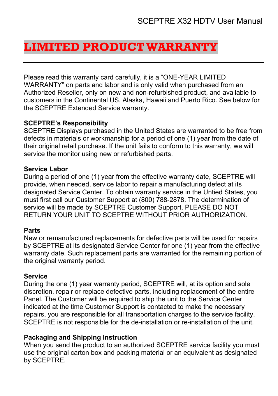 Limited product warranty | Sceptre Technologies X32 User Manual | Page 104 / 107