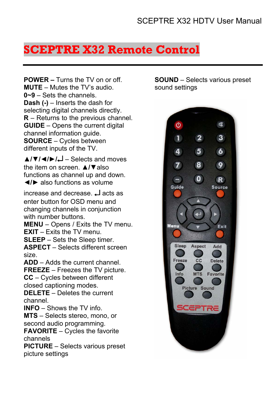Sceptre x32 remote control | Sceptre Technologies X32 User Manual | Page 16 / 107