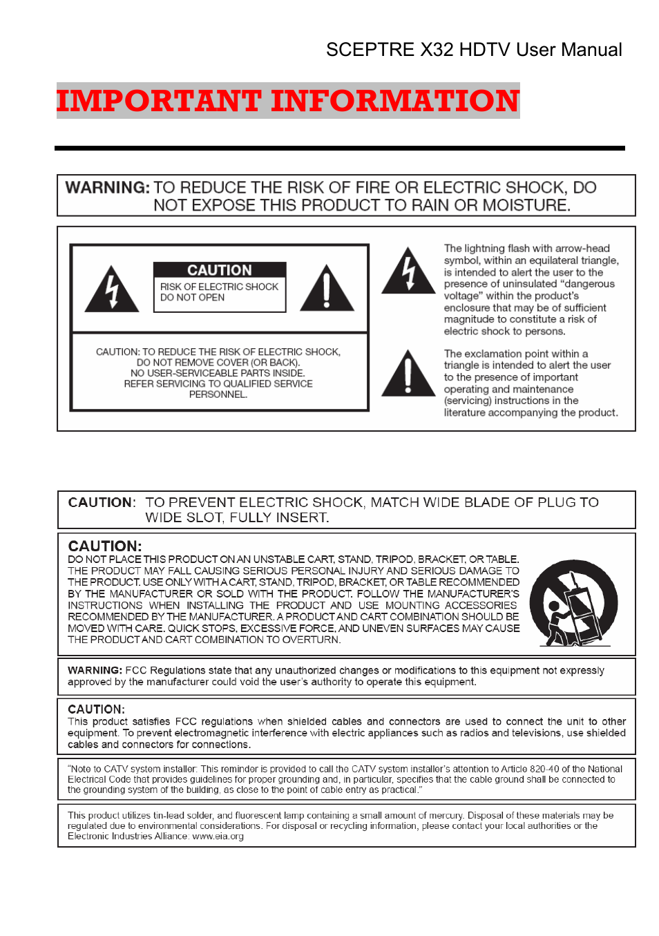 Important information | Sceptre Technologies X32 User Manual | Page 2 / 107