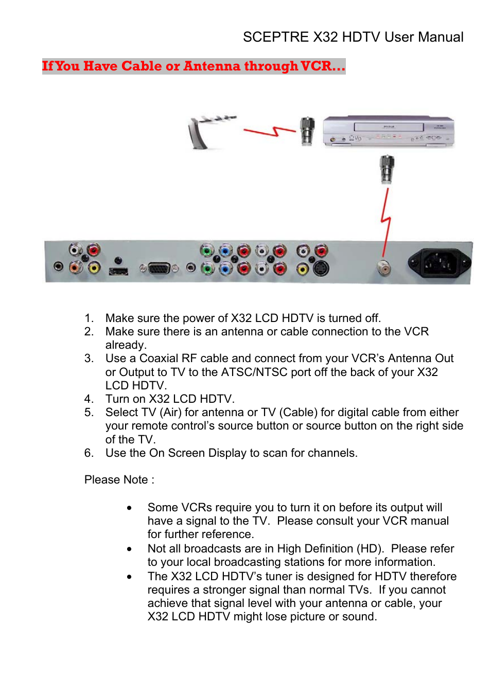 If you have cable or antenna through vcr | Sceptre Technologies X32 User Manual | Page 24 / 107