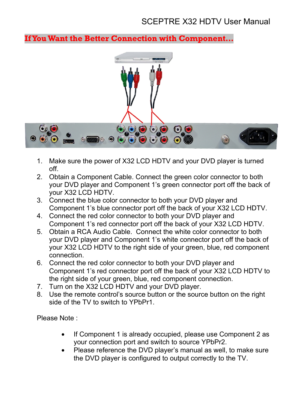 If you want the better connection with component | Sceptre Technologies X32 User Manual | Page 27 / 107