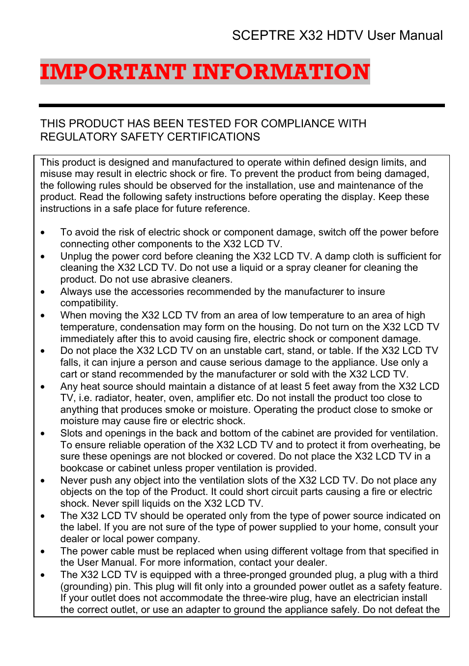 Important information | Sceptre Technologies X32 User Manual | Page 3 / 107